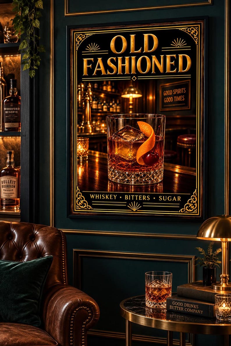 K&ouml;nnte beinhalten: Ein gerahmter Wandkunstdruck mit dem Text OLD FASHIONED oben und WHISKEY &bull; BITTERS &bull; SUGAR unten. Das zentrale Bild zeigt ein Kristallglas mit einem bernsteinfarbenen Cocktail, einem gro&szlig;en Eisw&uuml;rfel, einer Kirsche und einer Orangenschale.