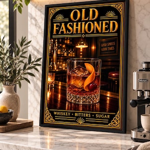 K&ouml;nnte beinhalten: Ein gerahmtes, rechteckiges Wandbild, das eine Barszene mit einem Old Fashioned Cocktail in einem Kristallglas zeigt. Der Text lautet OLD FASHIONED, GOOD SPIRITS GOOD TIMES und WHISKEY BITTERS SUGAR in goldener Schrift auf schwarzem Grund.