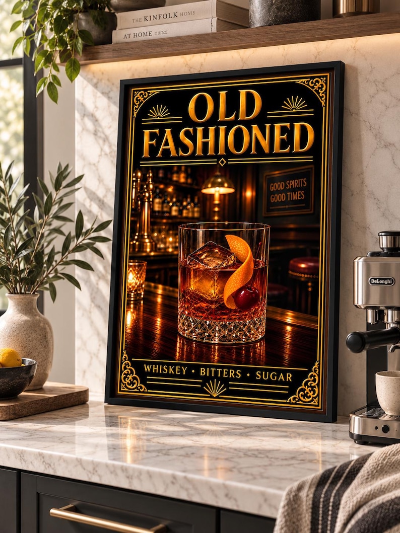 K&ouml;nnte beinhalten: Ein gerahmtes, rechteckiges Wandbild, das eine Barszene mit einem Old Fashioned Cocktail in einem Kristallglas zeigt. Der Text lautet OLD FASHIONED, GOOD SPIRITS GOOD TIMES und WHISKEY BITTERS SUGAR in goldener Schrift auf schwarzem Grund.