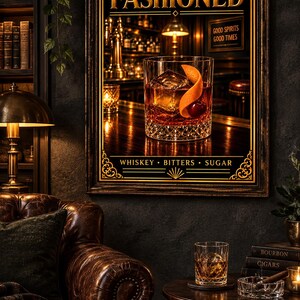 K&ouml;nnte beinhalten: Ein rechteckiges Wandbild mit dem Text OLD FASHIONED oben und WHISKEY BITTERS SUGAR unten. Das Bild zeigt ein Kristallglas mit Whiskey, einer Orangenschale und einer Kirsche auf einer Bartheke, gerahmt in einem dunklen Holzrahmen.