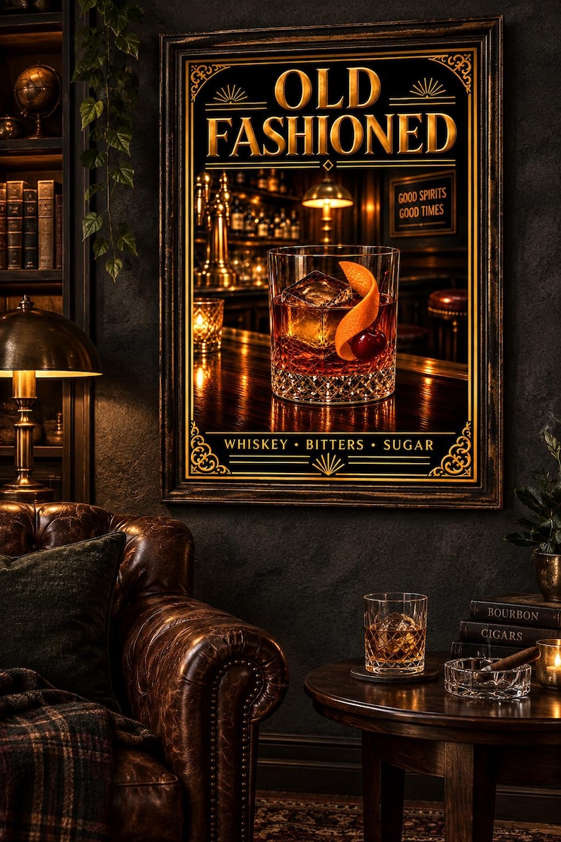 K&ouml;nnte beinhalten: Ein rechteckiges Wandbild mit dem Text OLD FASHIONED oben und WHISKEY BITTERS SUGAR unten. Das Bild zeigt ein Kristallglas mit Whiskey, einer Orangenschale und einer Kirsche auf einer Bartheke, gerahmt in einem dunklen Holzrahmen.