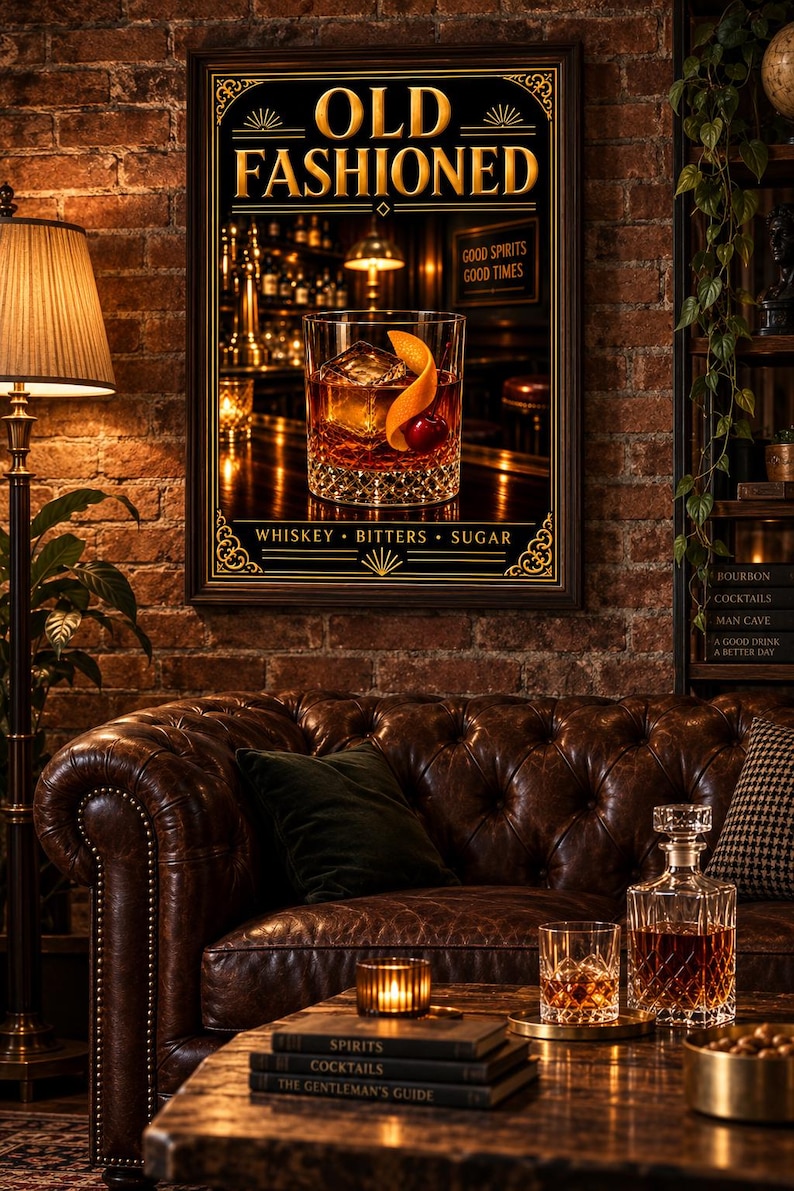 K&ouml;nnte beinhalten: Ein rechteckiger Wandkunstdruck mit einem Old Fashioned Cocktailglas, garniert mit Orangenschale und Kirsche. Der Text lautet OLD FASHIONED sowie WHISKEY BITTERS SUGAR. Im Hintergrund ist eine Bar mit dem Text GOOD SPIRITS GOOD TIMES zu sehen.
