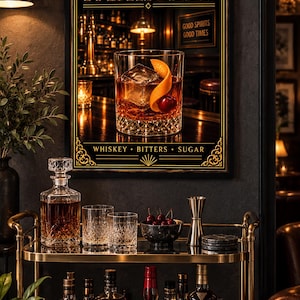 K&ouml;nnte beinhalten: Ein gerahmtes Wandposter mit der Aufschrift OLD FASHIONED zeigt ein Glas Whiskey mit Orangenzeste und Kirsche. Darunter steht ein goldener Barwagen mit einer Kristallkaraffe, zwei Gl&auml;sern, einer Schale mit Kirschen, einem Messbecher und Flaschen.