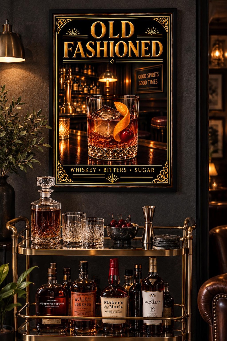K&ouml;nnte beinhalten: Ein gerahmtes Wandposter mit der Aufschrift OLD FASHIONED zeigt ein Glas Whiskey mit Orangenzeste und Kirsche. Darunter steht ein goldener Barwagen mit einer Kristallkaraffe, zwei Gl&auml;sern, einer Schale mit Kirschen, einem Messbecher und Flaschen.