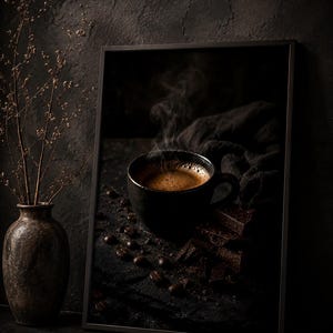 Väggkonst med kaffe | Stämningsfullt kaffetryck | Köksdekor med Dark Academia | Espressochokladposter | Vintagekonstfototryck