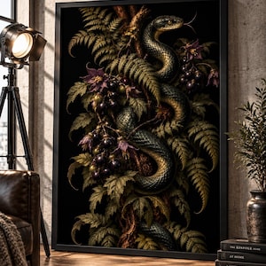 May include: A framed rectangular wall art print featuring a dark, detailed illustration of a green snake coiled around a textured tree trunk. The snake is surrounded by lush green fern fronds, purple flowers, and clusters of dark berries on a black background.