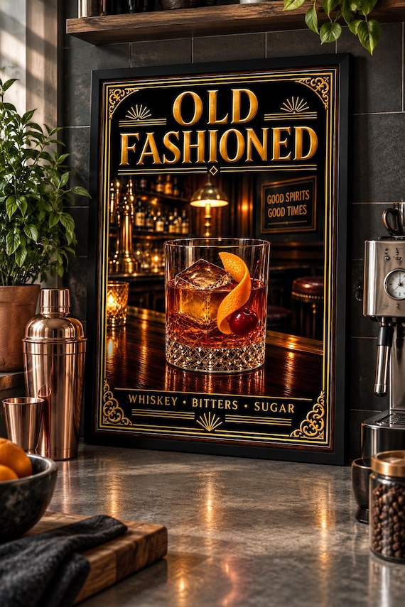Old Fashioned Cocktail Print | Vintage Bar Poster | Art Deco Wall Art | Bar Cart Decor | Speakeasy Print | Premium Matte Wall Print