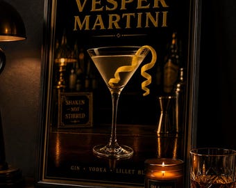 Könnte beinhalten: Ein gerahmtes, rechteckiges Wandbild mit dem Text VESPER MARTINI in goldener Schrift. Das Bild zeigt ein Martiniglas mit einer Zitronenspirale, ein Schild mit der Aufschrift SHAKEN NOT STIRRED und die Wörter GIN VODKA LILLET BLANC unten.