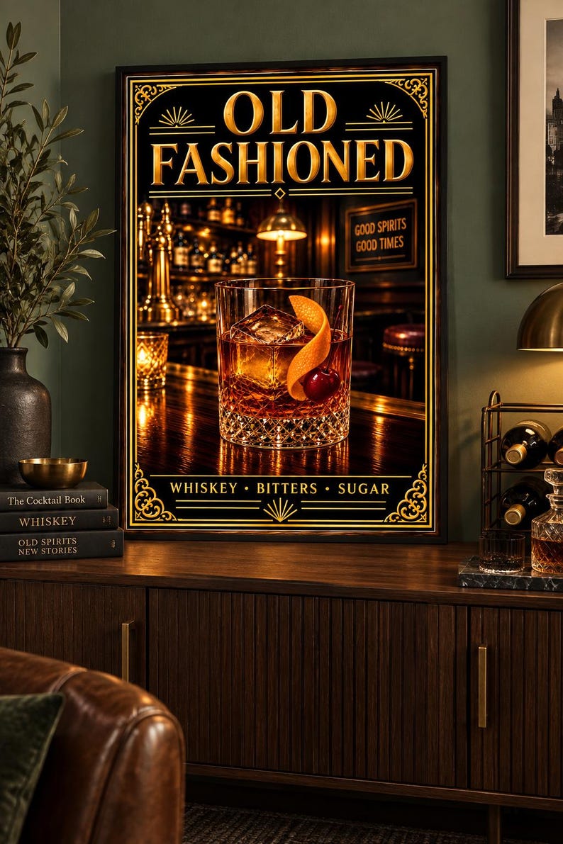 K&ouml;nnte beinhalten: Ein rechteckiges gerahmtes Wandbild mit einem Glas Old Fashioned Cocktail, garniert mit einer Orangenzeste und einer Kirsche. Der Text lautet OLD FASHIONED oben und WHISKEY &bull; BITTERS &bull; SUGAR unten, vor einem Bar-Hintergrund.