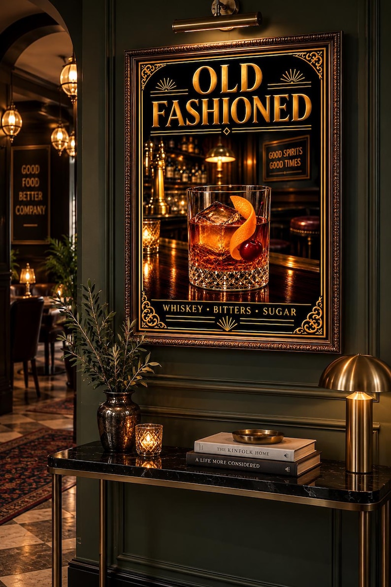 K&ouml;nnte beinhalten: Ein gerahmter Wandkunstdruck mit dem Titel OLD FASHIONED, der ein Glas Whiskey mit Eis, einer Orangenschale und einer Kirsche zeigt. Der Text lautet WHISKEY BITTERS SUGAR. Der Druck h&auml;ngt &uuml;ber einem Konsolentisch mit B&uuml;chern und einer Lampe.