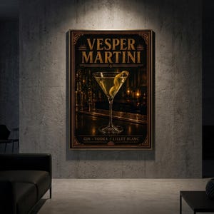 May include: A framed poster with a Vesper Martini illustration. The poster features a martini glass with a lemon twist, set against a bar scene. The text "Vesper Martini" is displayed at the top, with "Gin, Vodka, Lillet Blanc" at the bottom.