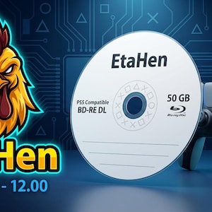 Puede incluir: Un disco Blu-ray blanco etiquetado como EtaHen 50 GB PS5 Compatible BD-RE DL junto a un mando de juego gris. A la izquierda, un gráfico de gallo amarillo y naranja con el texto EtaHen y FW 3.xx - 12.00 sobre un fondo de circuito azul oscuro.