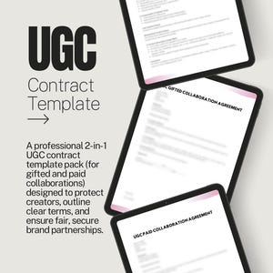 Puede incluir: Un paquete de plantillas de contrato UGC profesional 2 en 1 para colaboraciones pagadas y gratuitas. La imagen muestra tres tabletas con el texto "UGC Contract Template" y "Gifted Collaboration Agreement" y "UGC Paid Collaboration Agreement".