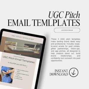 Könnte beinhalten: Ein digitales Tablet zeigt ein PDF mit dem Titel "UGC Pitch Email Templates". Das Dokument bietet Vorlagen für bezahlte Kooperationen, Geschenkpartnerschaften und App-Pitches. Das Bild enthält den Text "Sofort-Download" und "UGC Creator Hub".