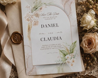 Plantilla editable de invitación de boda romántica con diseño floral (Canva)