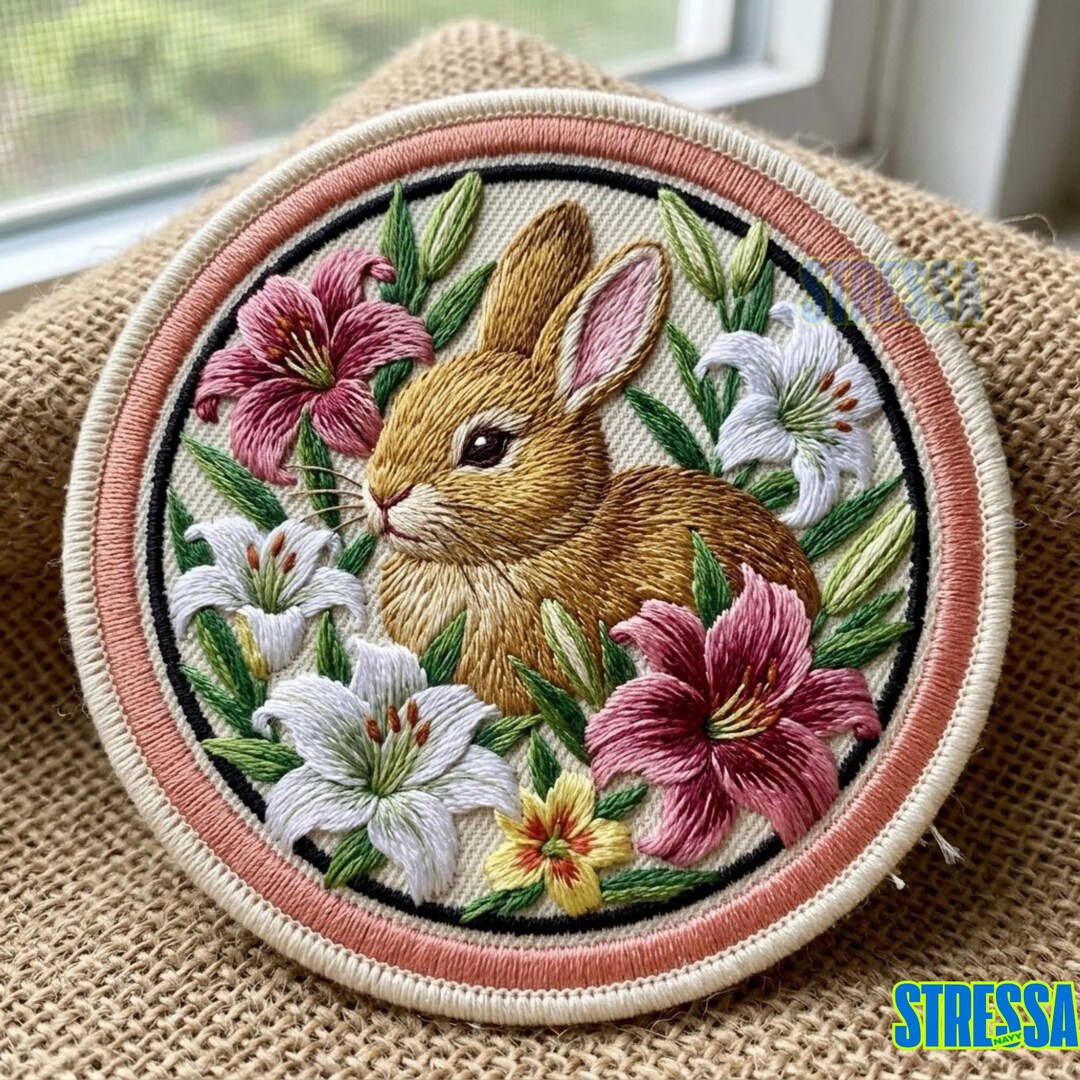 Sew Realistic Rabbitears Realistic Rabbit Embroidered Patch With Lily Flowers, Bunny Floral Iron ...