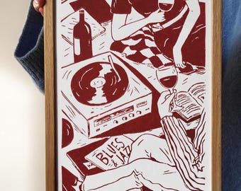 good time, good wine, good music Linolprint