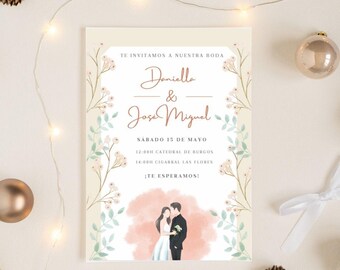 Puede incluir: Invitación de boda con detalles florales. La invitación presenta los nombres "Daniella & Jose Miguel" en una elegante escritura. El texto incluye la fecha, hora y lugar de la ceremonia. El diseño incluye una ilustración de acuarela de una pareja.