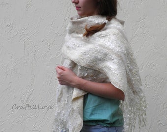 Felted scarf Weddings Shawls with sheep locks Wraps Natural eco organic wool and silk Felt scarf Long wool scarf - cream ivory gold Handmade