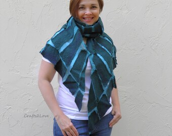 Felted scarf for women Nuno felted shawl Wings felt scarf Women wrap Forest Green Teal Bird wings Art to Wear
