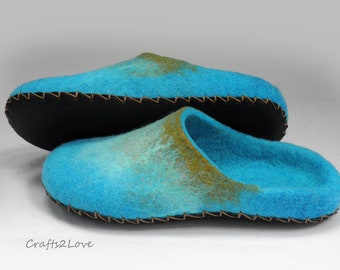 Felted slippers for woman Slide Felt slippers with soles Turquoise Soft Felted wool slippers for her