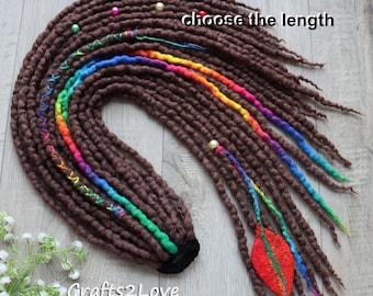 Ponytail Dreads, Dreadlock Extensions on elasticband, Wool Dreads, Ash Brown Rainbow