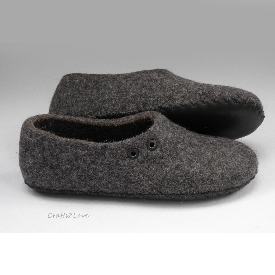 Felt slippers Mens wool slippers with leather soles Dark grey Etsy