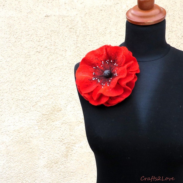 Large Red Poppy brooch. Felted wool flower brooch pin corsage flower felt poppy, scarlet red and black. Statement accessory.