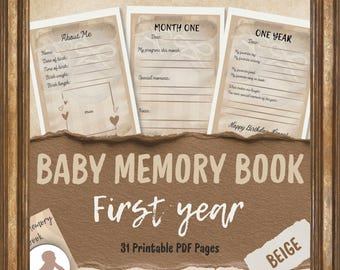 Baby Memory Book – First Year | Beige Neutral Baby Journal | Printable PDF