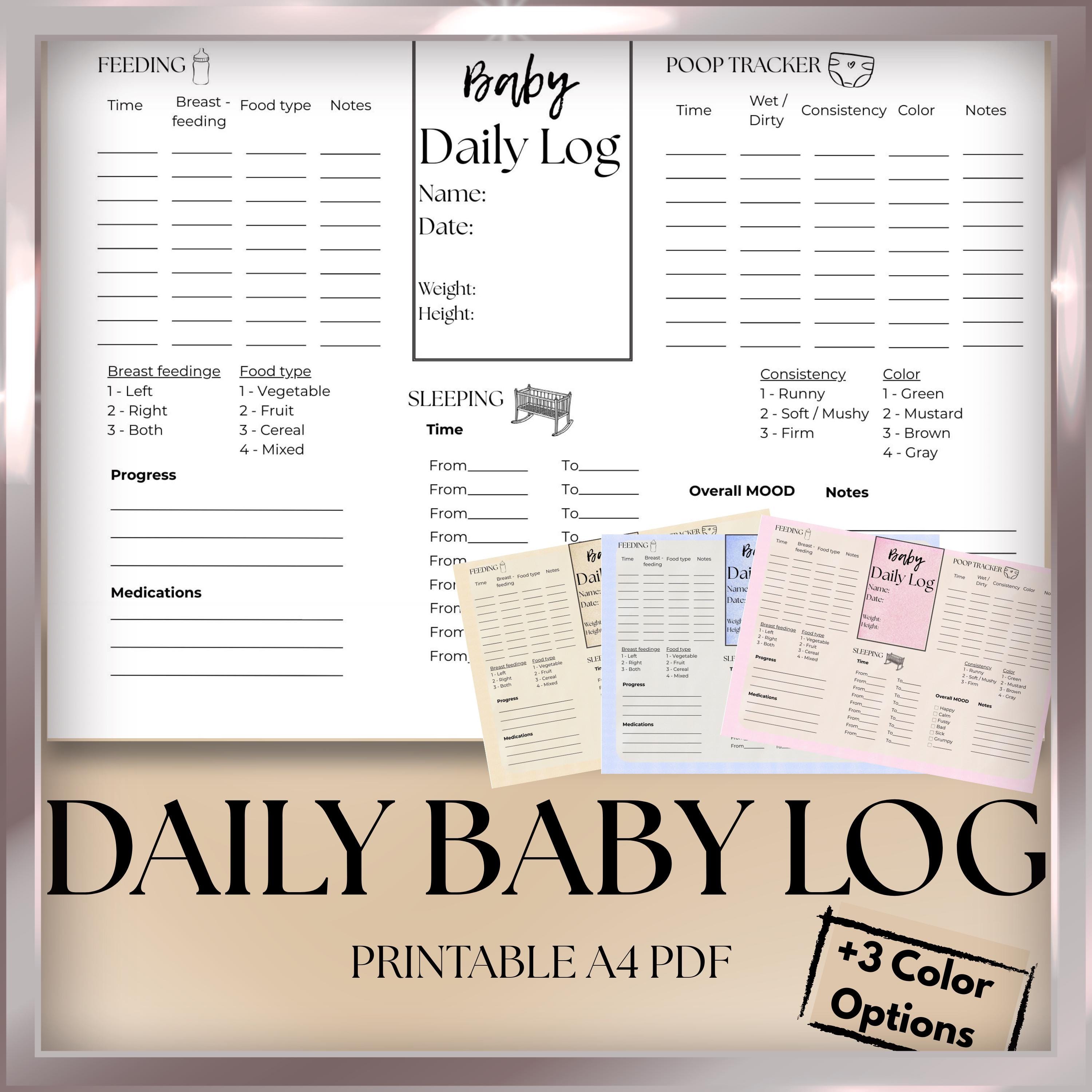 Baby Daily Log – Printable PDF Tracker (4 Color Versions), Feeding ...