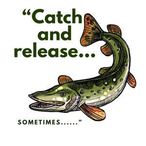 Könnte beinhalten: Illustration eines grünen und orangefarbenen Fisches mit dem Text "Catch and release... SOMETIMES..." in Dunkelgrün. Der Fisch ist detailliert mit Schuppen und Flossen dargestellt, und der Text ist in einer fetten, gut lesbaren Schriftart gehalten. Das Bild hat einen weißen Hintergrund.