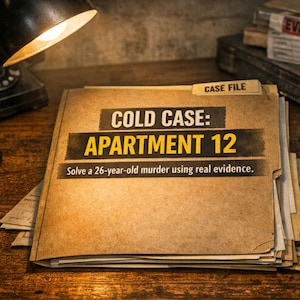 May include: A stack of manila folders with the text "COLD CASE: APARTMENT 12" and "Solve a 26-year-old murder using real evidence." A desk lamp illuminates the scene, suggesting a detective's workspace. The top folder has a "CASE FILE" tab.