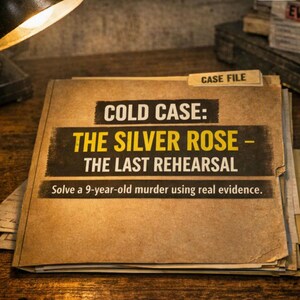 May include: A tan manila folder labeled CASE FILE containing the game Cold Case: The Silver Rose - The Last Rehearsal. The text on the cover reads: Solve a 9-year-old murder using real evidence. The folder has a weathered, textured appearance.