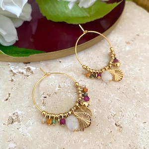 CLARA Bohemian Hoop Earrings • Moonstone, Ruby Pink Agate, Turquoise & Yellow Quartz • 24k Gold Plated • Handmade