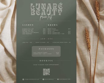 Beauty Salon Price List Template | Lash & Brow Menu Canva (A4)