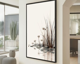 Serene Water Lilies and Reeds Canvas, Minimalist Floral Wall Art, Tranquil Pond Scene, Nature Canvas Decoration, Calm Water Reflection Art