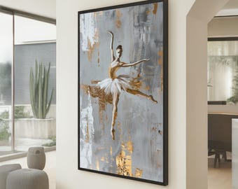 Elegant Ballerina Dance Canvas Wall Art, Gold Accent Abstract Ballet Modern Dance Decor, Abstract Dancer Wall Decor, Ready to Hang Canvas