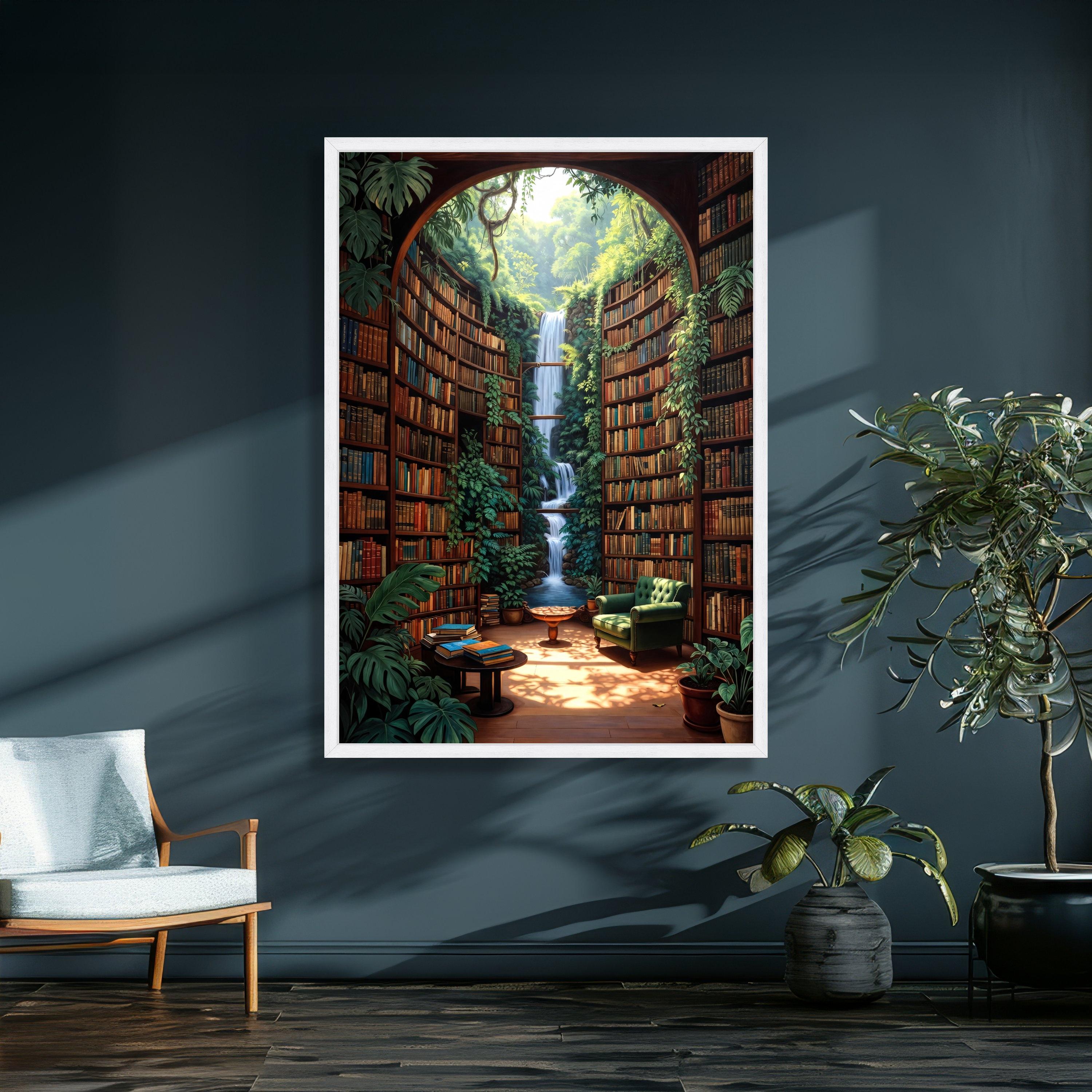 Library Waterfall Mini Enchanted Library Waterfall Canvas, Cozy Reading Nook Wall Art, Nature ...