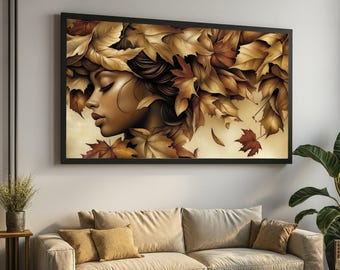 Autumn Elegance Portrait Canvas, Woman with Fall Leaves Hair, Brown Tones Wall Art, Nature Canvas Decoration, Seasonal Home Wall Art