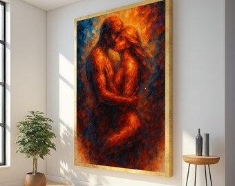 Lienzo abstracto "Abrazo apasionado", arte mural de amantes románticos, pintura en tonos cálidos, obra de pareja íntima, lienzo expresionista moderno