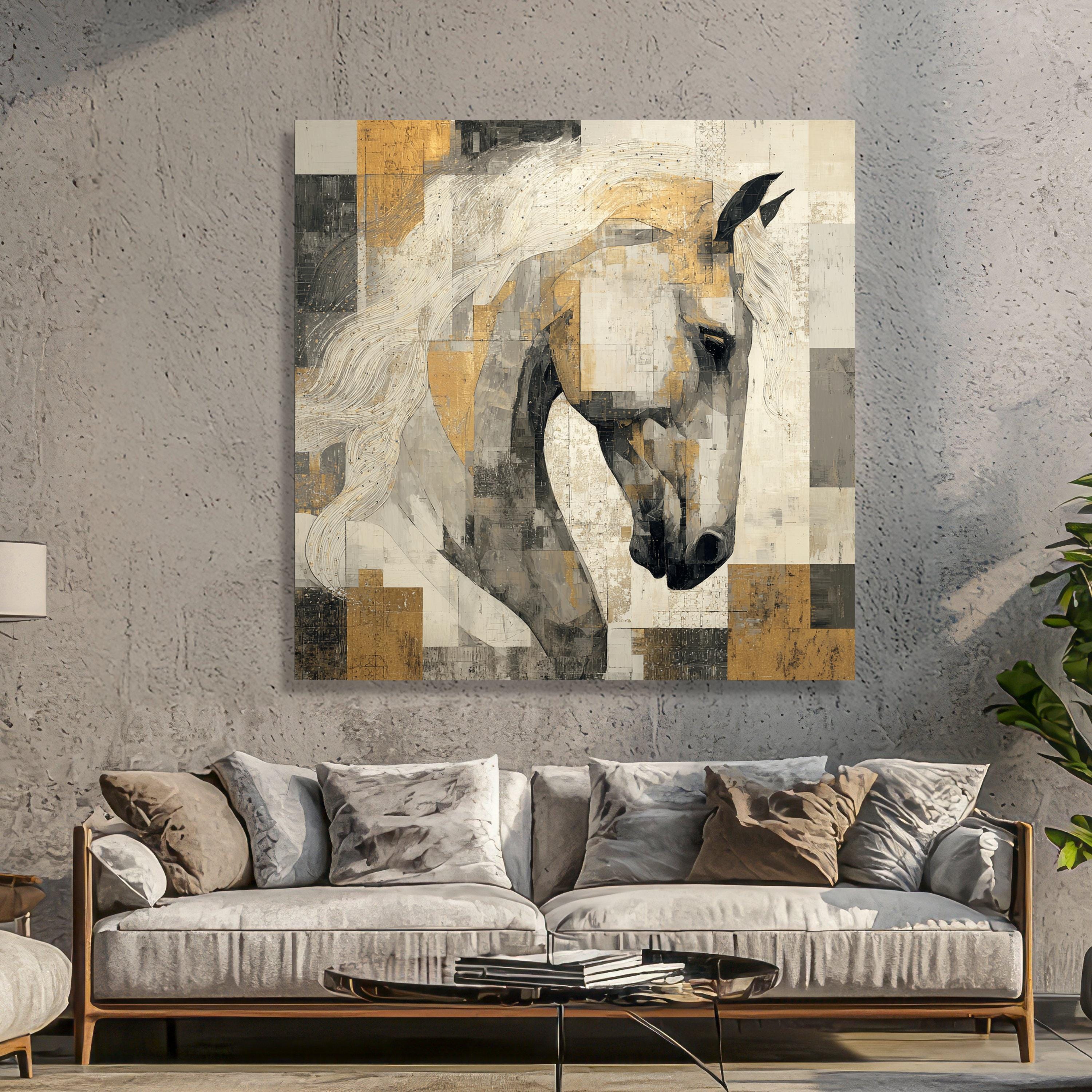 Abstract White Horse Canvas Wall Art, Modern Animal Painting, Neutral ...