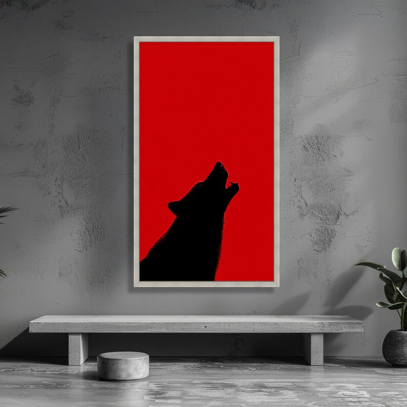 Tela com silhueta de lobo uivando, fundo vermelho, decoração de parede com animais selvagens, tela moderna e ousada, decoração inspirada na natureza para sua casa. imagem 4