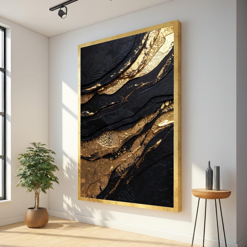 Luxurious Black and Gold Abstract Canvas Wall Art, Elegant Home Decor ...