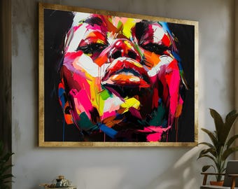Puede incluir: Pintura de retrato abstracto con marco dorado. La obra presenta un rostro con pinceladas audaces en colores vibrantes como rosa, rojo, amarillo y azul sobre un fondo negro. Los labios del sujeto son un punto focal.