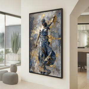 Canvastavla med Lady Justice, staty med ögonbindel och svärd, konstverk med juridiska symboler, modern heminredning