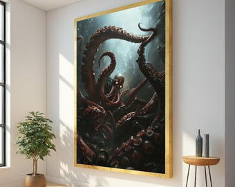 Deep Sea Octopus Canvas Wall Art, Underwater Giant Tentacles Painting, Nautical Marine Life Canvas, Ocean Creature Wall Decoration