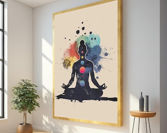 Meditationssilhuett med chakrafärger på canvas, abstrakt yogakonsttryck, spirituell väggdekor, mindfulness-canvas, zen-heminredning