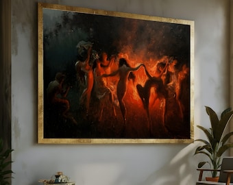 Mystical Fire Dance Canvas, Enchanted Women Silhouettes, Dark Fiery Night Scene, Abstract Figurative Wall Art, Dramatic Home Decor Canvas