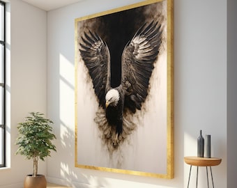 Majestic Bald Eagle Canvas Wall Art, Powerful Bird of Prey Painting, Wildlife Nature Decor, Soaring Eagle Wings, Home Wall Decoration