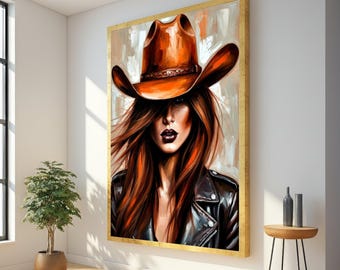 Leinwandbild einer ausdrucksstarken Westernfrau, Wandbild mit Cowgirl-Hut, Leinwandbild im rustikalen Stil, modernes Leinwandbild mit weiblicher Figur für die Heimdekoration